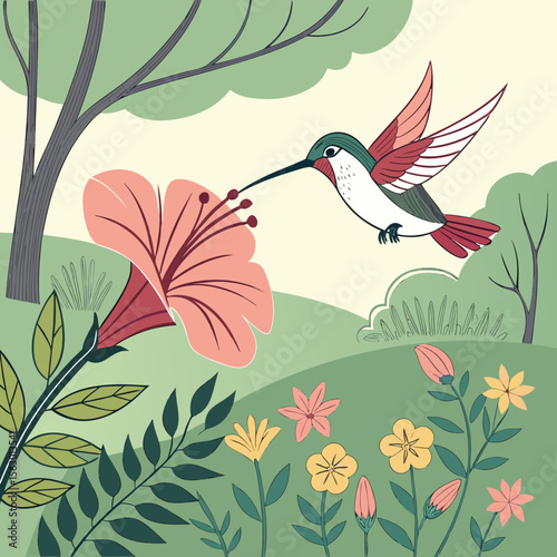 A hummingbird flies to a pink hibiscus flower in a lush garden