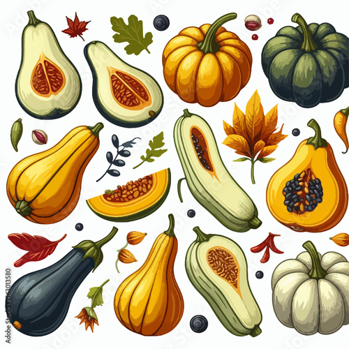Colorful array of gourds, pumpkins, and autumn leaves in a graphic design.  The illustration features various shapes and colors of the gourds, creating an autumnal theme.