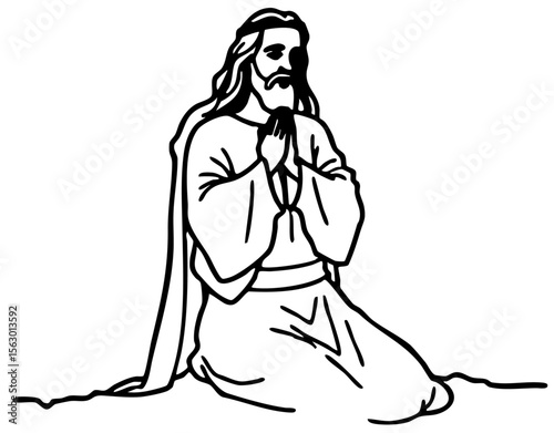 Jesus Christ praying with hands clasped. Hand-drawn line art illustration for Christianity.