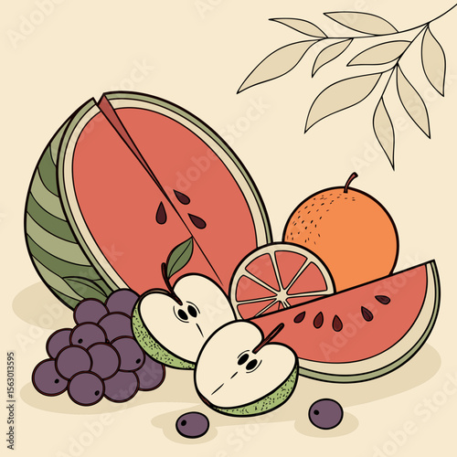 A colorful still life of fresh fruits isolated on white background