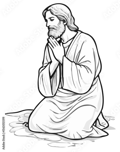Jesus Christ praying with hands clasped. Hand-drawn line art illustration for Christianity.