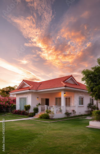 A photo of the exterior front view, with white walls and a red roof of a one-story new house in Thailand. There is a balcony on the right side and a small window in the top left corner. The sky has so