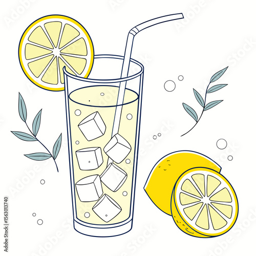 A glass of refreshing lemonade with ice and lemon slices
