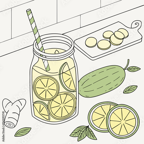 A refreshing lemonade with lemon and cucumber on the table