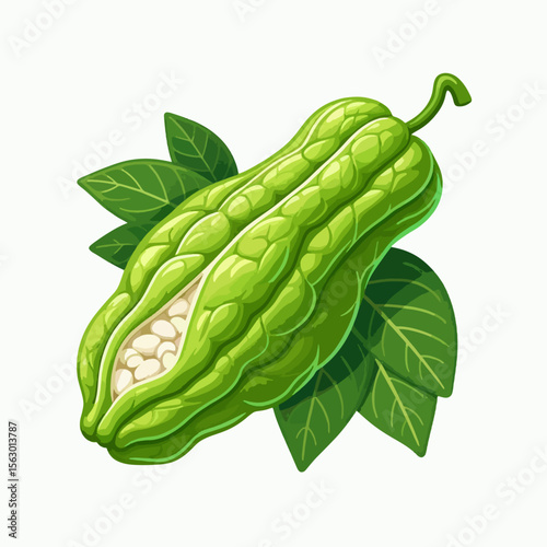 Vivid, detailed illustration of a green, ribbed fruit with seeds, positioned amongst green leaves, set against a plain white background.