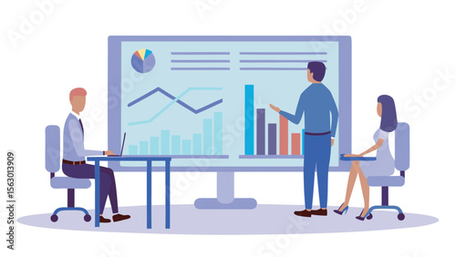 Business presentation with graphs and charts being discussed by a small team in a meeting room