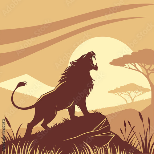 A lion roars on a rock against an african savanna sunset landscape