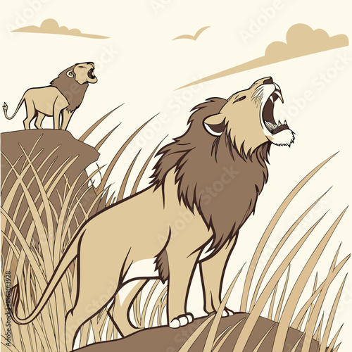 A male lion roars loudly from atop a rocky outcrop in the savanna