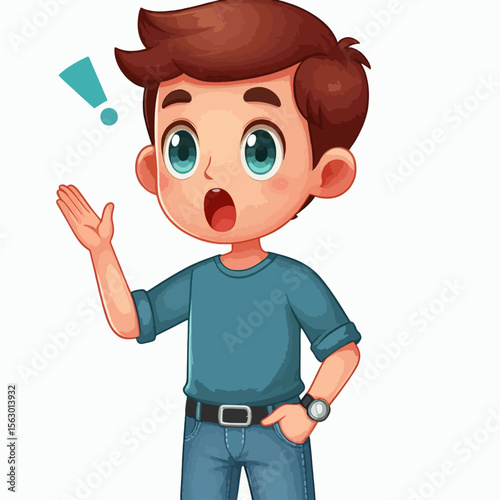 Cartoon boy character with a surprised expression, depicted in a dynamic pose, showcasing astonishment.  He is wearing casual clothing.