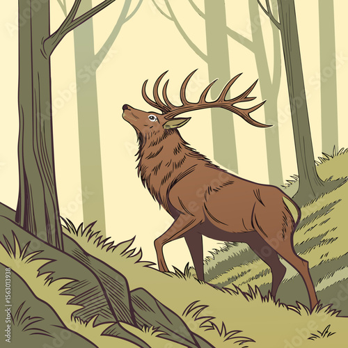 A large stag walks through a dense forest on a grassy hillside