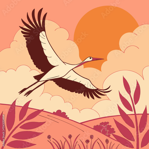 A crane flies across a sunset sky over a landscape of plants