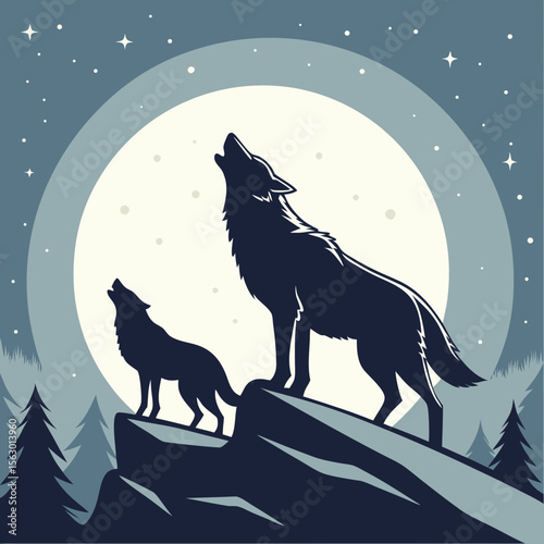 Two wolves howl at the full moon on a rocky cliff at night