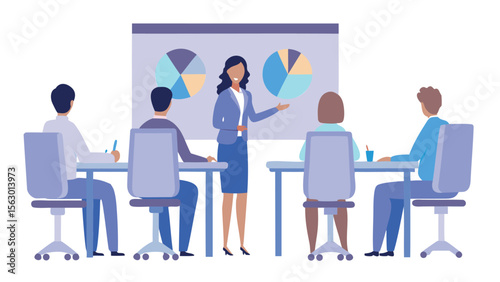 Businesswoman presenting pie charts to a group of seated colleagues in a conference room setting today