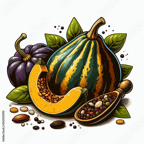 Vibrant depiction of various gourds, a sliced gourd, and a mixture of seeds, all arranged artistically on a white background.