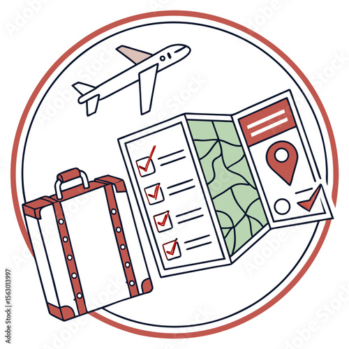 Travel planning concept with airplane suitcase checklist and map with location pin and checkmarks inside a circular frame