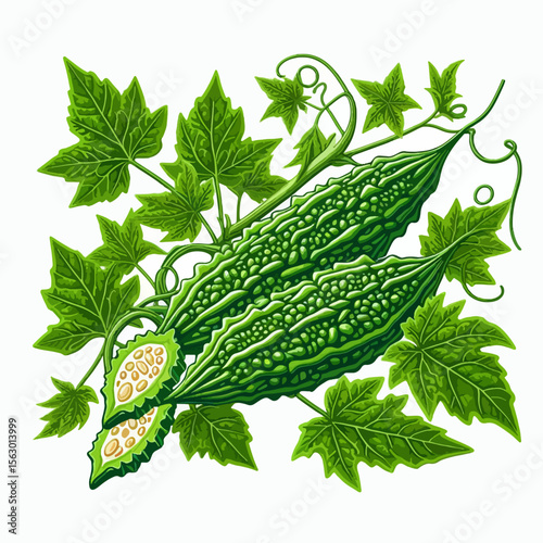 Detailed graphic illustration of two bitter melon fruits, with vibrant green leaves and stems, presented against a plain white background.