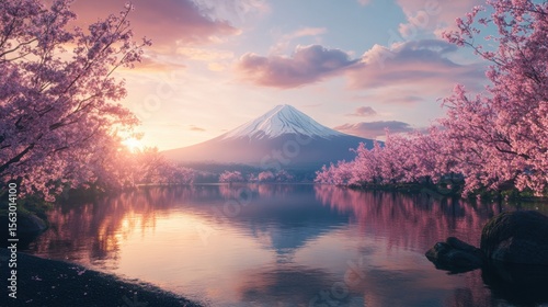A serene landscape featuring mount fuji reflected in a tranquil lake surrounded by cherry blossoms