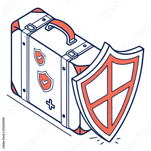 Vintage suitcase protected by a large shield symbolizing travel insurance and secure baggage for safe journeys and protected belongings
