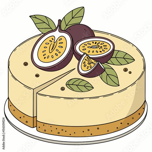 A passionfruit cheesecake with a slice cut out, isolated on white background