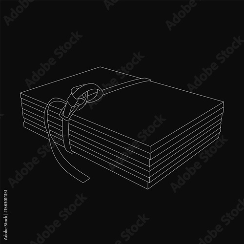 A stack of books tied together with a rope in a neat black and white illustration. The books are arranged vertically, secured by the tightly bound rope at the top.
