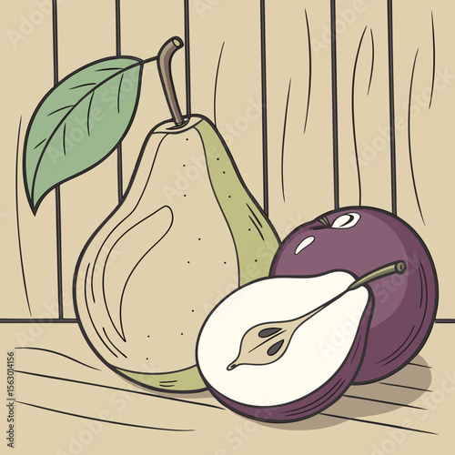 A pear and plum on a wooden background, isolated on white background