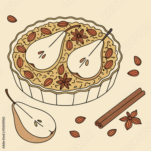 A delicious pear tart with almonds and cinnamon sits on a table