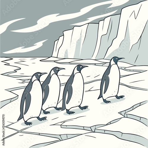 Penguins walk on the ice in antarctica near a glacier