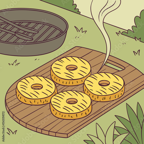Grilled pineapple slices on a wooden board with a grill nearby