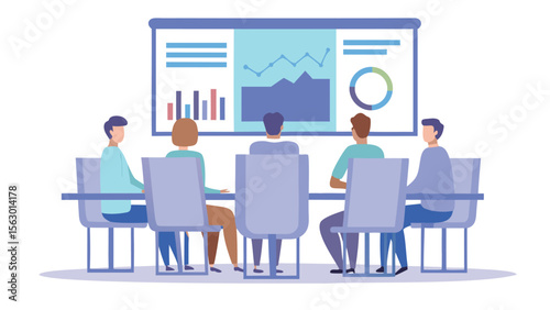 People in a meeting looking at charts and graphs on a screen in a conference room setting shown here