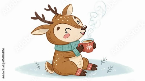 Adorable Christmas Deer Animated Cozy Winter Scene Illustration
