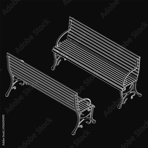 Two detailed 3D benches stand out against a black background with clean white lines and realistic curves. The intricate design highlights the street furniture's structure and form.