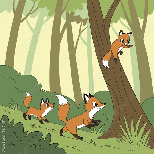 Three cartoon foxes are in a forest with trees and green bushes