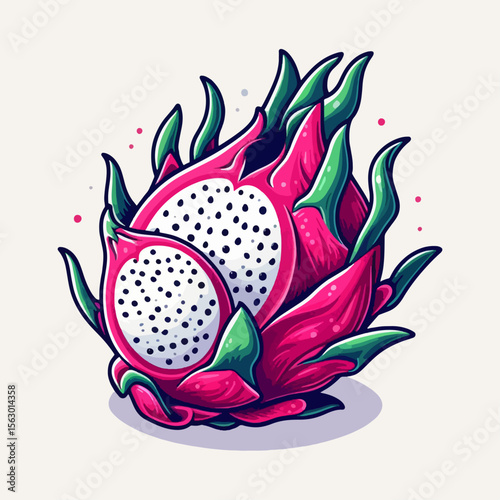Vibrant graphic design of a split dragon fruit, featuring a detailed representation of the skin and flesh of the fruit.