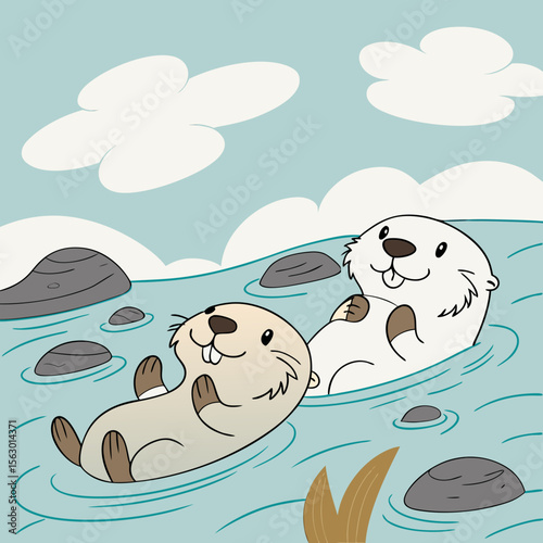 Two cheerful otters float on their backs in the water