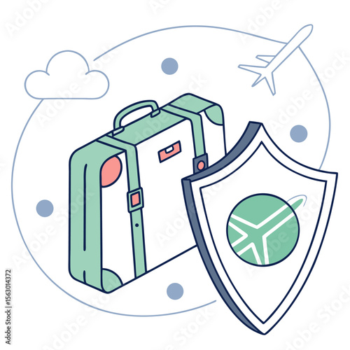 Secure travel protection concept with a suitcase shield airplane and cloud symbolizing safe journeys and travel insurance coverage