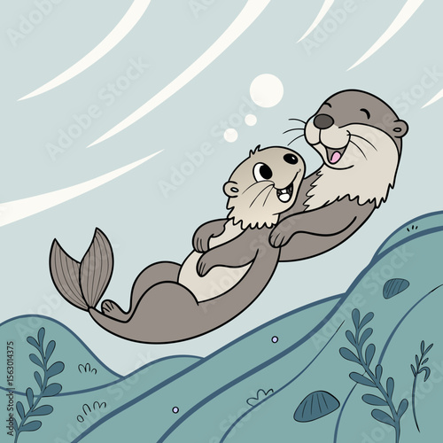 Two otters embrace underwater in a loving embrace