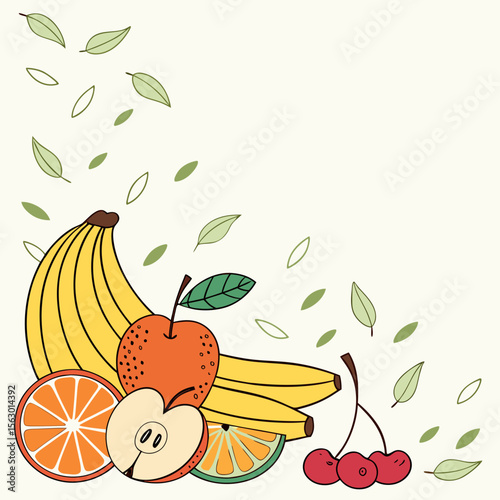 A colorful assortment of fruits with leaves are scattered around them