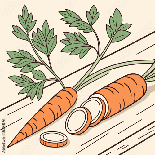 A whole carrot and sliced carrots are on a wooden surface