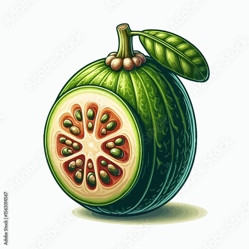 Digitally rendered illustration of a cut guava fruit, showcasing its vibrant green skin and the internal sections with seeds.  The image has high detail and a fresh, appetizing look.