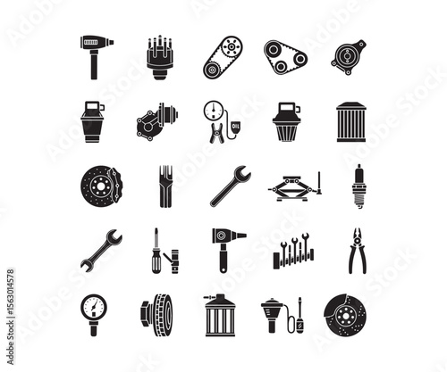 Automotive Car Parts & Repair Tools Icons: Black Glyph Set for Vehicle Maintenance