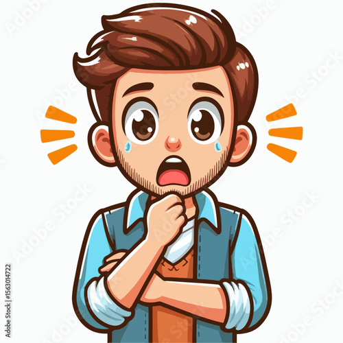 Cartoon depiction of a male character displaying a surprised and worried facial expression. The character is dressed in casual attire and presented in a flat, colorful design.