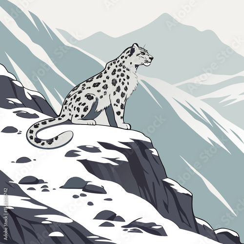 A snow leopard sits on a snowy mountain cliffside