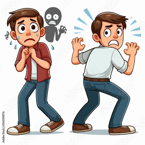 Two cartoon characters illustrate different expressions of fear and anxiety, one facing a menacing figure, the other reacting in fear.