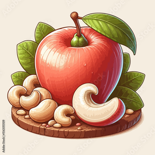 Digital illustration of a red , cashews, and slices displayed on a wooden disc.  Fresh fruit and nuts presented in a vibrant design.