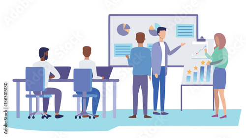 Illustration of a business presentation with charts and graphs in a meeting room setting shown here