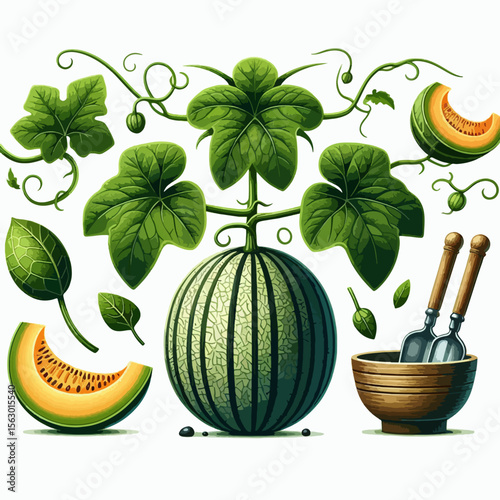 Visually appealing illustration displays a cantaloupe plant, its fruit, and leaves.  Various segments of the fruit are seen alongside gardening tools.