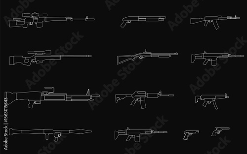 Assault rifles in various models displayed on a black background with crisp white outlines. The stark contrast highlights their distinct shapes and details.