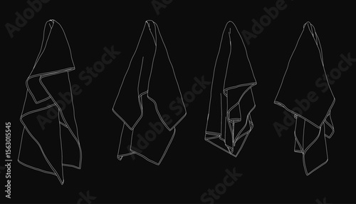 Three black and white towels arranged in a line with slight overlap on a solid black background. The stark contrast highlights the clean, minimalist design.