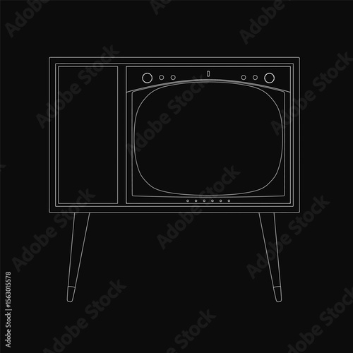 Vintage television with a classic black frame and white screen, standing on a black base featuring knobs and buttons. The retro design evokes nostalgia for early broadcasting eras.