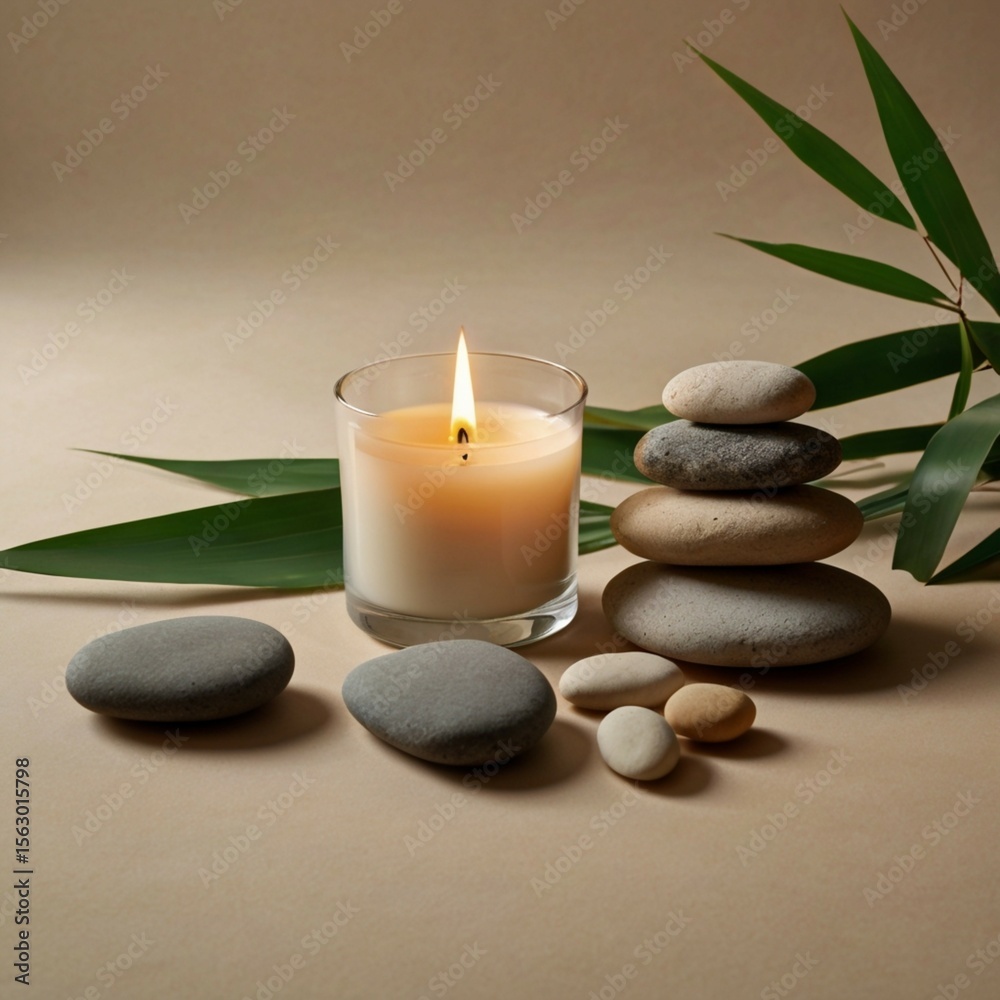 Fototapeta premium Zen Still Life with Smooth Stones and Bamboo Leaves